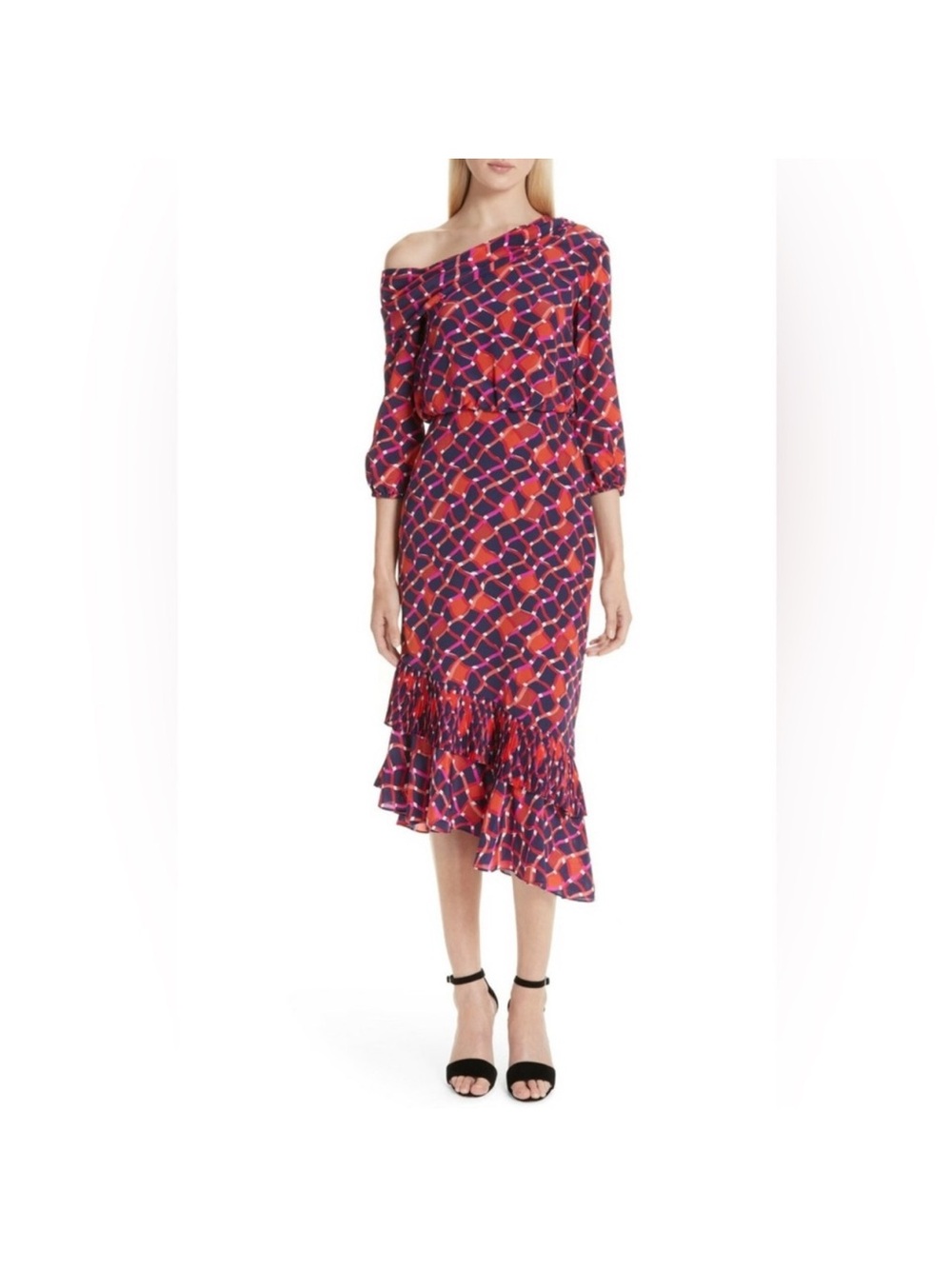 SALONI Red & Navy Geometric Print Midi Dress with Ruffle Hem